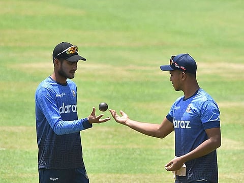 Bangladesh’s Mohammad Saifuddin and Nayeem Hasan during a practice session at the Sher-e-Bangla National Cricket Stadium in Dhaka