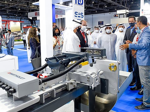 Sheikh Ahmed Bin Saeed Al Maktoum, President of Dubai Civil Aviation Authority and Chairman and CEO of Emirates Airline and Group take a tour after opening the Airport Show Hybrid at Dubai World Trade Centre.