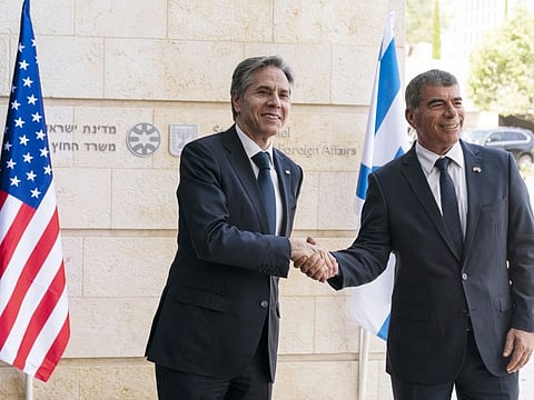 Secretary of State Antony Blinken, left, with Israeli Foreign Minister Gabi Ashkenazi before their meeting at the Ministry of Foreign Affairs, Tuesday, May 25, 2021, in Jerusalem.