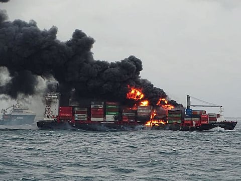 Smoke rises from the container vessel MV X-Press Pearl engulfed in flames off Colombo port on Tuesday.