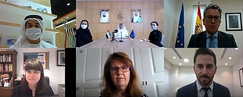 Officials from the Sharjah Book Authority and Spain attend the virtual meeting.
