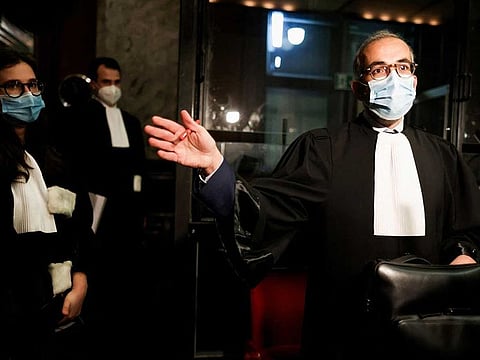 Lawyer of the Swedish-British AstraZeneca pharmaceutical company Hakim Boularbah answers journalists' questions prior to the start of the hearing concerning the legal action by the European Commission against the firm Astra Zeneca at Brussels’ Courthouse in Brussels on May 26, 2021.