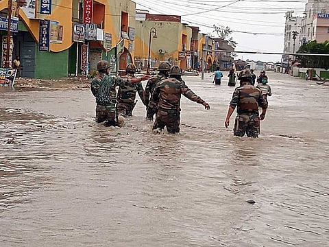 Stranded civilians being evacuated from various areas by Indian Army soldiers following high tides and strong wides ahead of cyclone Yaas at Digha, in East Medinipur on Wednesday, May 26, 2021.
