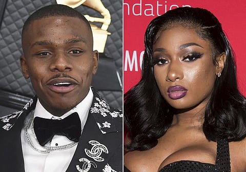 DaBaby arrives at the 62nd annual Grammy Awards in Los Angeles on Jan. 26, 2020, left, and Megan Thee Stallion appears at the 5th annual Diamond Ball benefit gala in New York on Sept. 12, 2019.