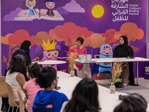 Emirati author Fatima Sultan Al Mazrouei and Ambika Anand Prokop, founder and lead writer of adventure book series Greenfeet Guides, at a session with children.