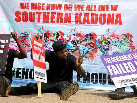 People gather to protest killings in southern Kaduna and insecurities in Nigeria, at the U.S. embassy in Abuja, Nigeria August 15, 2020.