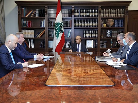 Lebanon's President Michel Aoun meets Central Bank Governor Riad Salameh at the presidential palace in Baabda on Thursday.
