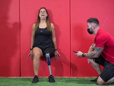 Dareen Barbar, an inspirational amputee athlete, set a new Guinness World Records™ title for Longest Samson’s chair/static wall sit (for a female amputee) achieving a total of 2 mins and 8.24 seconds on Friday in Dubai.