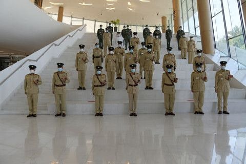 Lieutenant General Abdullah Khalifa Al Marri, Commander-in-Chief of Dubai Police, with senior officers during an inspection visit at the Bur Dubai Police station.
