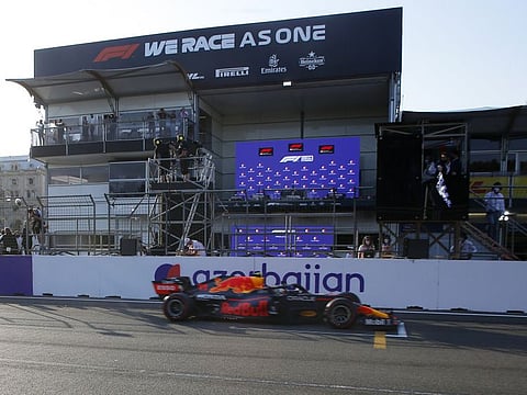 Red Bull's Sergio Perez wins the Azerbaijan Grand Prix at the Baku City Circuit, Baku, Azerbaijan.