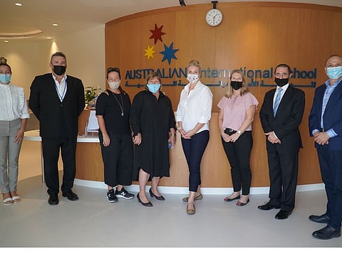 From Left to Right: Kat Smith, Events Manager, Australian Business Council Dubai, David Hackett, Business Development Manager, Middle East and North Africa, Trade and Investment Queensland, Lisa Meli, General Manager, Australian Business Council Dubai, Karen McCord Founding Executive Principal, Australian International School Dubai, Leah Arnold, Business Development Manager, Expo 2020 Dubai,Trade and Investment Queensland, Anissa Taylor, Office Manager, Australian Business Group Abu Dhabi, Adam Malouf, Chief Asset Sourcing Officer, Knowledge Fund Establishment, Dubai and Jimmy Saab, Director of Finance and Operations, Australian International Schools UAE.