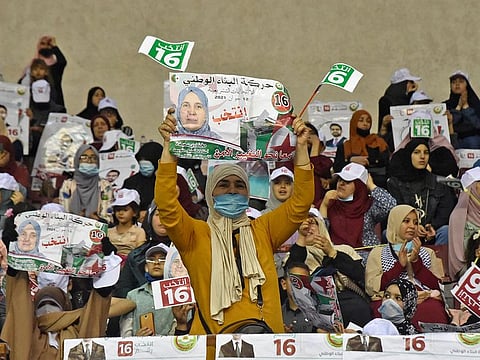 Supporters of Algeria's Al-Bina political movement attend a campaign rally in the capital Algiers on June 5, 2021, ahead of the June 12 general elections.