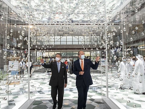 Massimo Baggi, Massimo Baggi, Ambassador of Switzerland to the UAE and Bahrain, and David Robinson General Manager at The Galleria Al Maryah Island visiting installation called ‘Swiss Fog Magnified’ in Abu Dhabi.