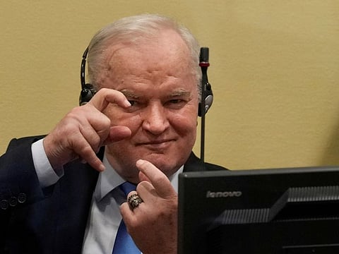 Former Bosnian Serb military leader Ratko Mladic gestures prior to the pronouncement of his appeal judgement at the UN International Residual Mechanism for Criminal Tribunals (IRMCT) in The Hague, Netherlands on Tuesday.