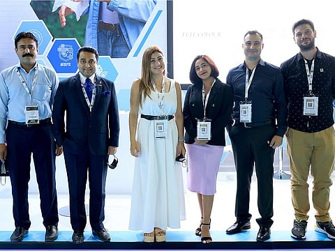 Anwar, Amin Kazi, Mikaella, Kashish Singh, Thomas Yiasoumi and Notice, at the launch of Hotelware industries Jafza during the Hotel Show Exhibition Dubai 2021