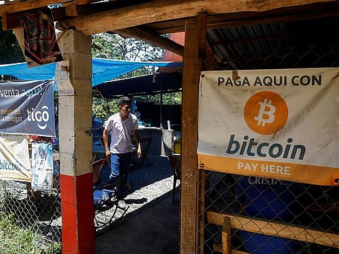 Bitcoin banners are seen outside of a small restaurant at El Zonte Beach in Chiltiupan, El Salvador.