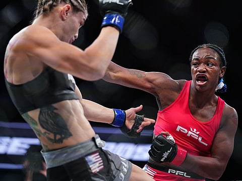 Claressa Shields, right, punches Brittney Elkin during a Professional Fighters League mixed martial arts bout in Atlantic City, N.J.
