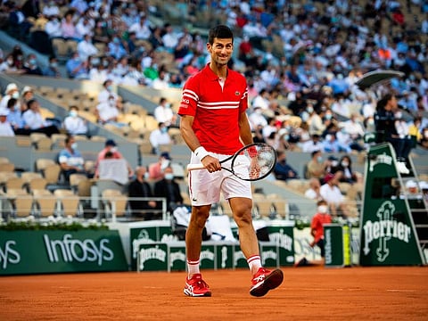 Novak Djokovic during his semifinal match against Rafael Nadal at the French Open in Paris on Friday, June 11, 2021. Djokovic won 3-6, 6-3, 7-6 (4), 6-2.