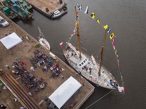 'Father Boguslaw' steel schooner during its naming ceremony on June 12, 2021 in Warsaw.