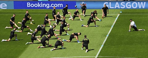 Czech Republic players warm up during a training session at the Hampden Park Stadium in Glasgow, before their Group D Euro 2020 match against Scotland today.