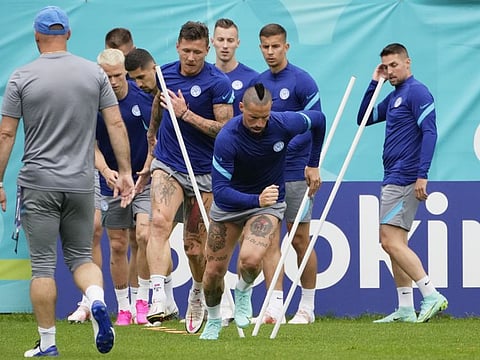 Slovakia's players attend a training session on the eve of the Euro 2020 championship Group E match against Poland at FC Zenit Training Centre in St. Petersburg.