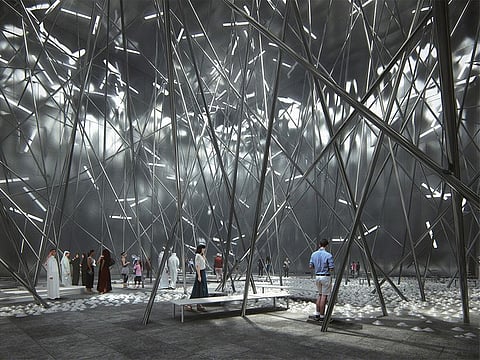 The 126 rods of the Bahraini pavilion become weaving needles, representing Bahrain’s history of traditional crafts and multiculturalism through food.