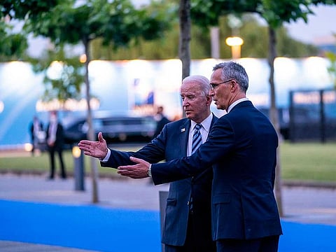 President Joe Biden and NATO Secretary General Jens Stoltenberg visit a memorial to the 9/11 terrorist attacks, following his news conference at NATO headquarters in Brussels on Monday, June 14, 2021.