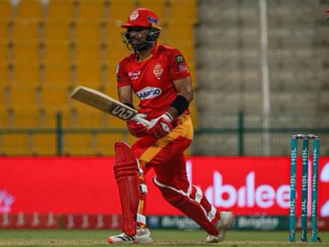 Man of the Match Iftikhar Ahmed steps out for a big shot during his unbeaten 71 against Karachi Kings on Monday.