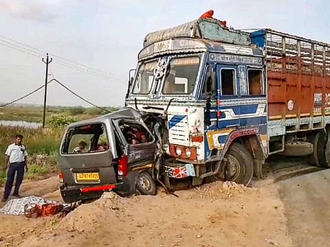 A car and a truck collided at Anand-Tarapur highway killing 9 people in the accident, in Anand district, on June 16, 2021.