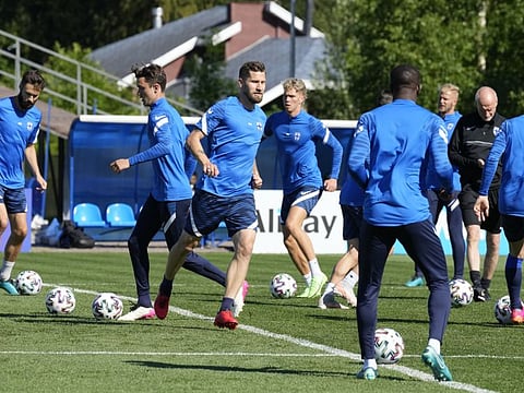 Finland's players attend a training session ahead of their Euro 2020 championship Group B match against Russia today.