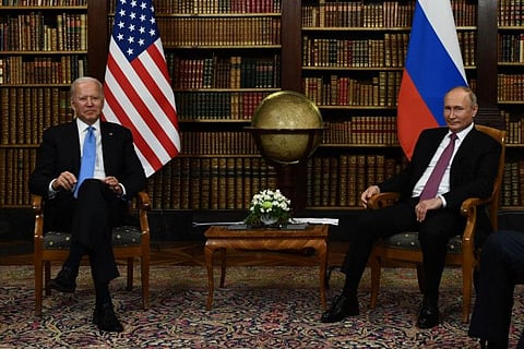 US President Joe Biden and Russian President Vladimir Putin pose for press ahead of the US-Russia summit at the Villa La Grange, in Geneva on June 16, 2021.