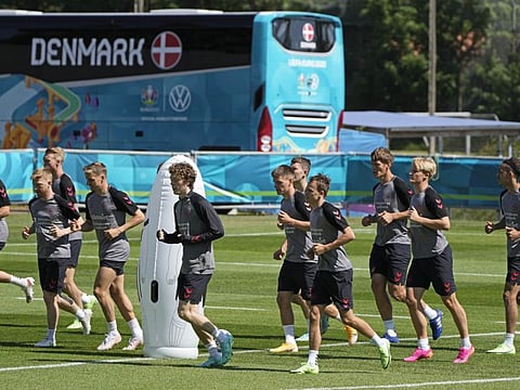 Danish players during a training session in Helsingor, Denmark. It is the second training of the Danish team since the Euro championship match against Finland when Christian Eriksen collapsed last Saturday.