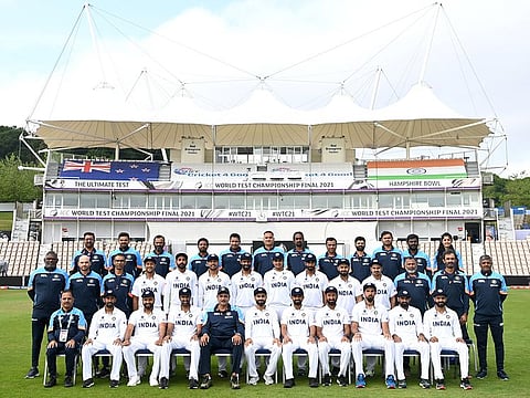 One for the album: Indian team and support staff line up in a group photo at the Ageas Bowl a day ahead of the WTC final.