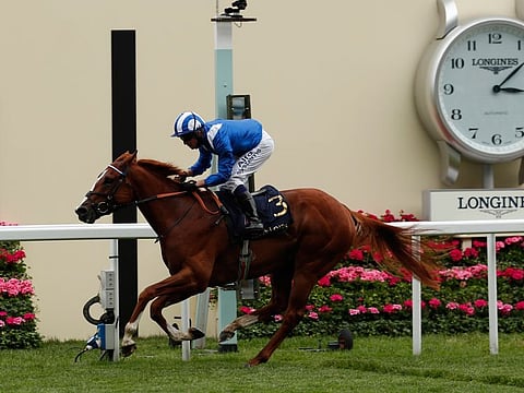 Mohaafeth, ridden by Jim Crowley, wins the Hampton Court Stakes on the third day of Royal Ascot Festival.