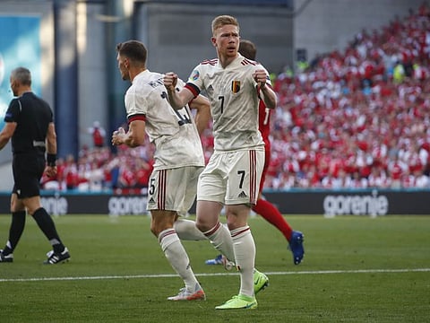 Belgium's Kevin De Bruyne reacts after setting up Thorgan Hazard for a goal against Denmark during the Euro 2020 championship Group B match at the Parken stadium in Copenhagen