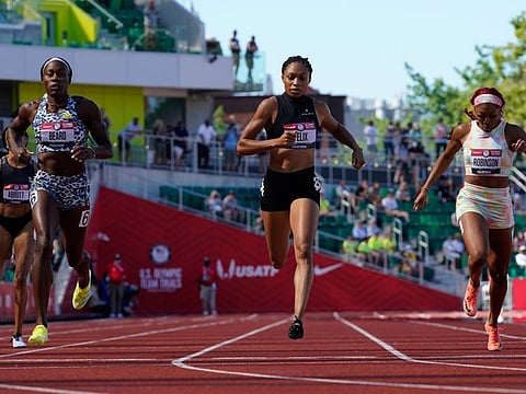 Allyson Felix win the first heat of the women's 400-metre run at the US Olympic Track and Field Trials in Eugene on Friday.