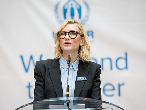 Cate Blanchett, Goodwill Ambassador for UNHCR, the UN Refugee Agency, addresses UNHCR staff at the United Nations headquarters in Geneva, Switzerland January 17, 2018.