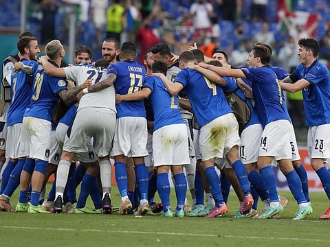 Italy players celebrate their 1-0 win at the end of the Euro 2020 championship Group A match against Wales, at the Rome Olympic stadium, Sunday, June 20, 2021. Italy won 1-0.