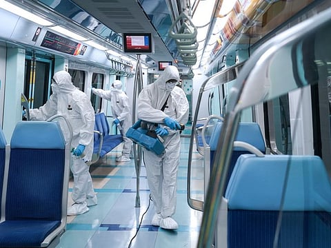 RTA workers sanitise a Metro train. This Award was granted to RTA in recognition of tireless efforts of the Dubai Government in coping up with the virus and the gradual resumption of commercial and tourist activities and life back to normal.