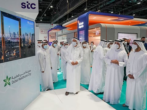 Sheikh Ahmed bin Saeed Al Maktoum at the launch of C37 at Arab Health on Monday.