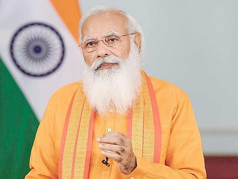 Prime Minister Narendra Modi addresses the nation on the occasion of International Day of Yoga via video conferencing, in New Delhi.