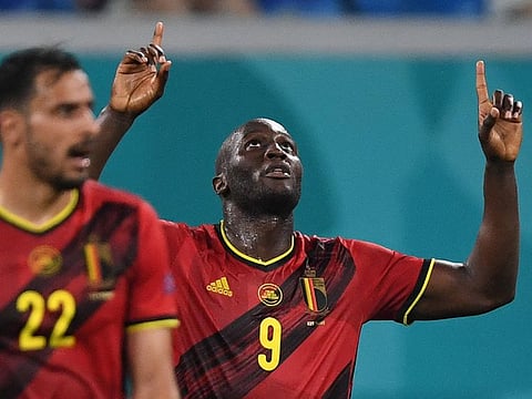 Belgium forward Romelu Lukaku celebrates after scoring the second goal.