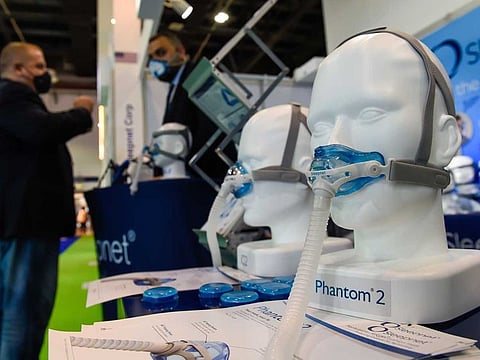Masks by Sleepnet on display at Arab Health 2021 at Dubai World Trade Centre. Last year, Arab Health and Medlab Middle East generated more than Dh3.7 billion worth of business