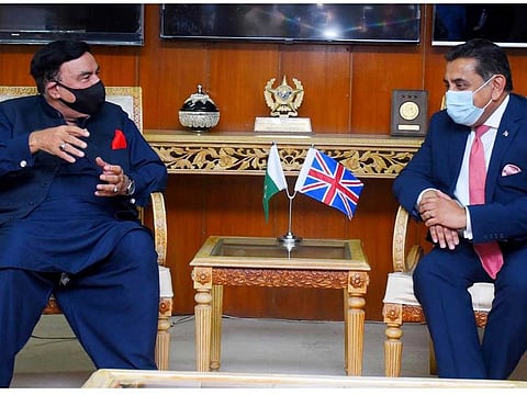 UK’s Minister of State for South Asia Lord Tariq Ahmad meets Pakistan’s Minister for Interior Sheikh Rasheed to discuss bilateral issues on June 23 in Islamabad.