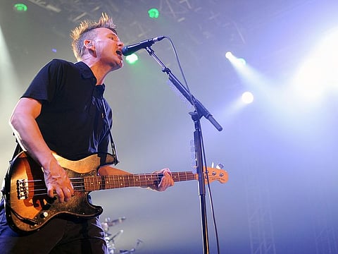 Singer and bass guitarist Mark Hoppus of Blink-182 during performance in Prague, Czech republic, August 15, 2014.