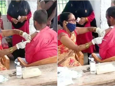 Azhar Hussain, a resident of Chapra town in Bihar’s Saran district, being 'administered' a jab at the vaccination centre..