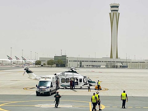 A European woman was airlifted from Al Maktoum International Airport after her medical condition worsens while she was ready to travel abroad.