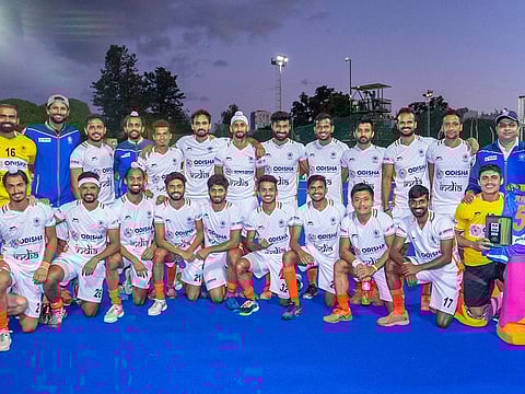 Indian men's hockey team make a happy picture after beating Argentina, the 2016 Rio Olympics champions, during their last overseas trip in April.