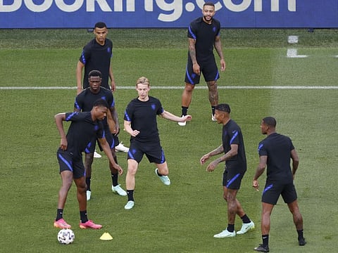 The Netherlands players attend a training session at the Ferenc Puskas stadium in Budapest, Hungary, ahead of their Euro 2020 championship round of 16 match match against the Czech Republic.