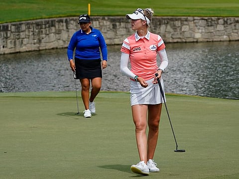 Nelly Korda, front, and Lizette Salaslead the way in the Women's PGA Championship